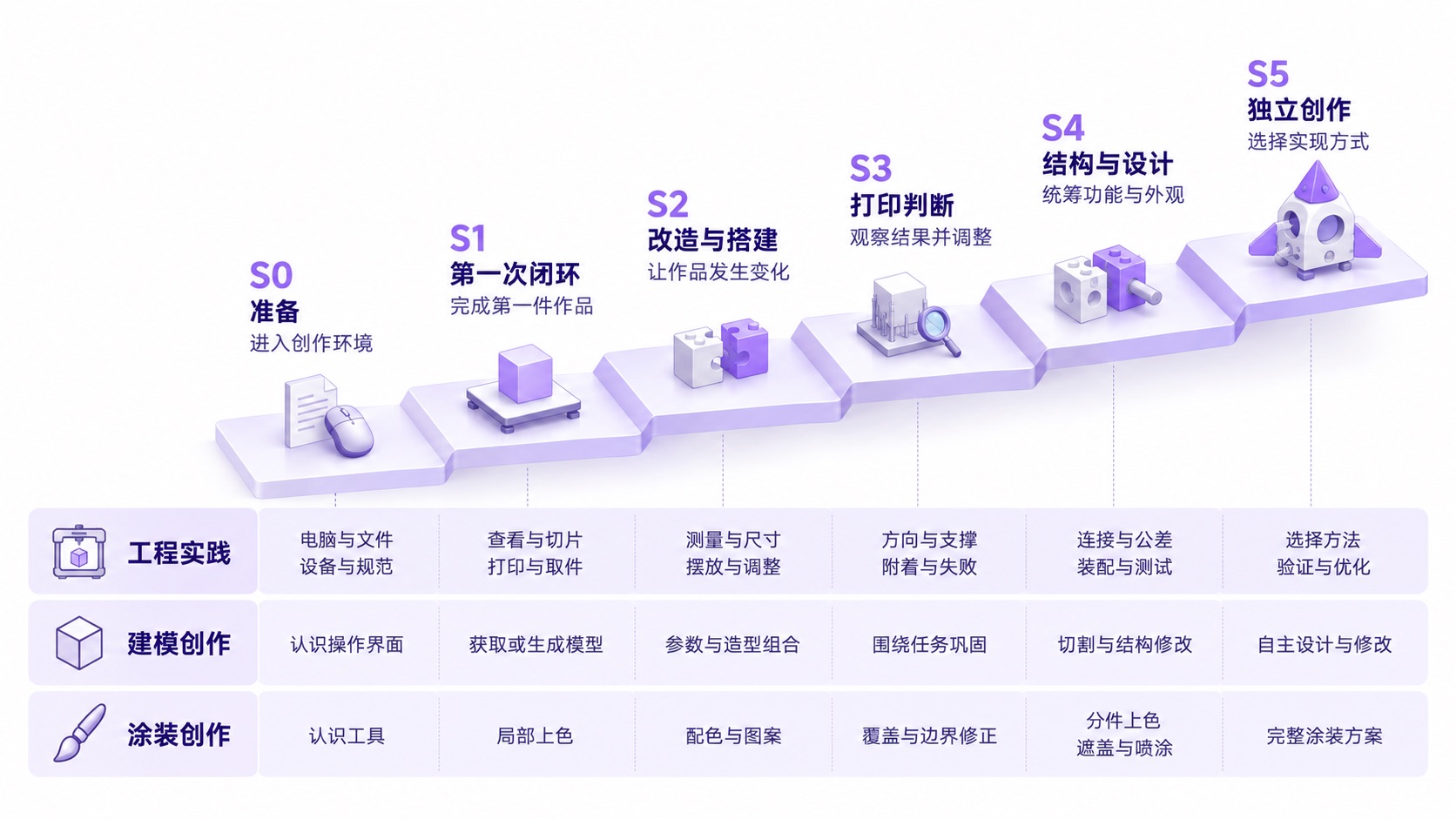 S0 到 S5 学习进阶阶梯与工程实践、建模创作、涂装创作三条学习线