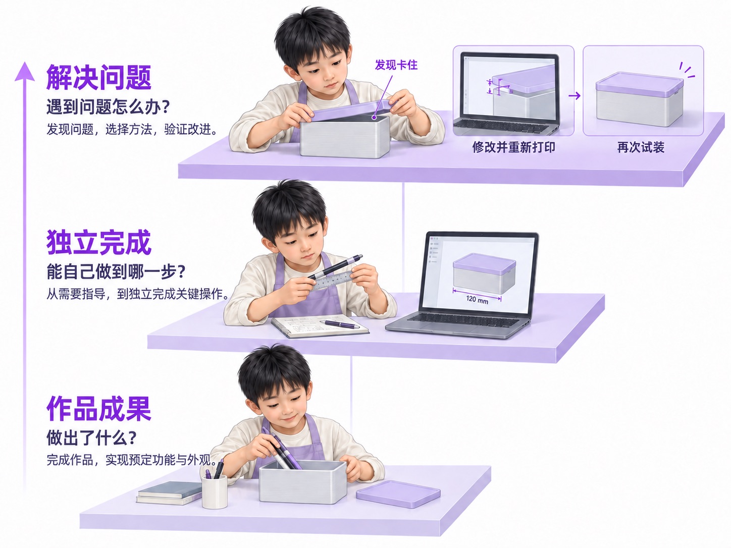 作品成果、独立完成、解决问题三个层面的学习成果表现